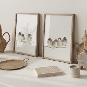 Sparrow Family Watercolor Art Set. Brown Bird Prints Gift Idea.