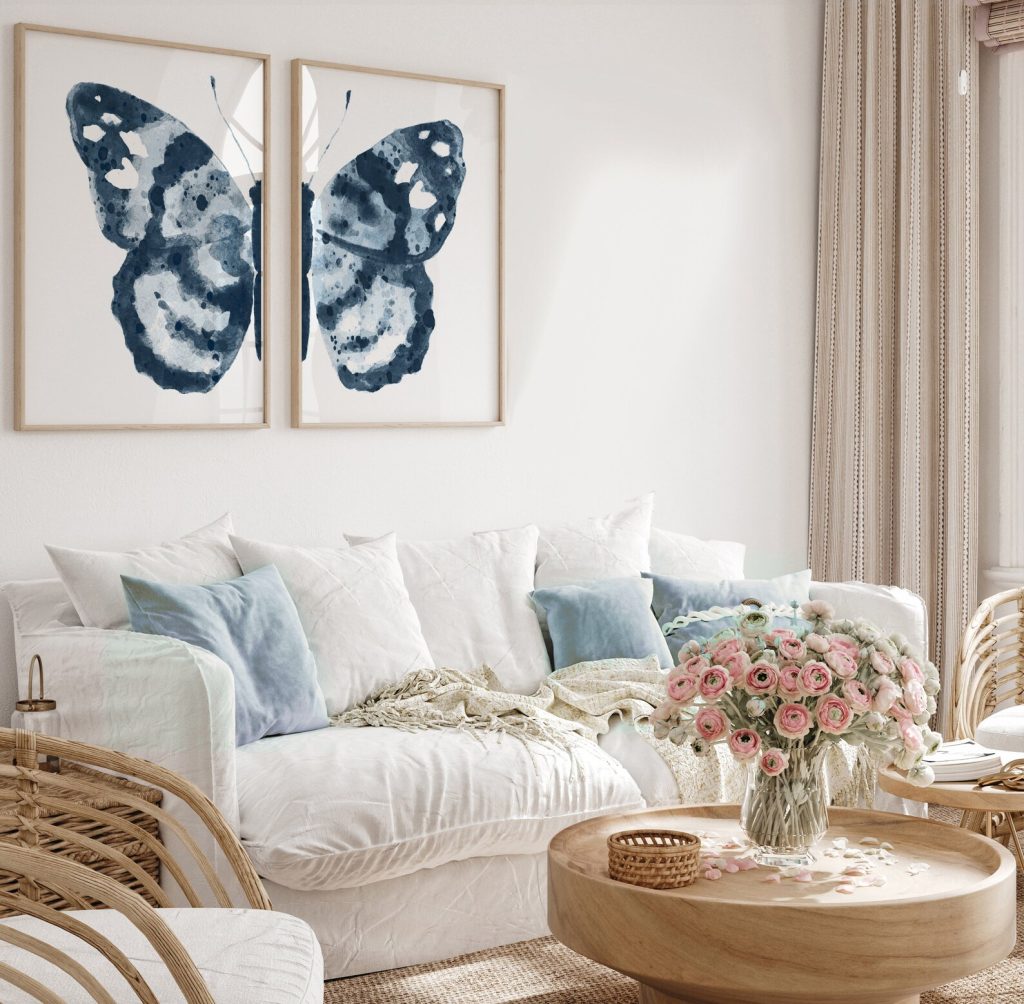 Navy blue butterfly on two posters