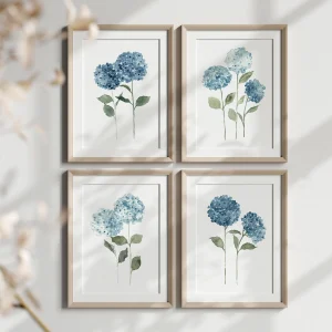 Blue Hydrangea Watercolor Set of 4. Elegant Floral Wall Art for a Cozy Family Home.
