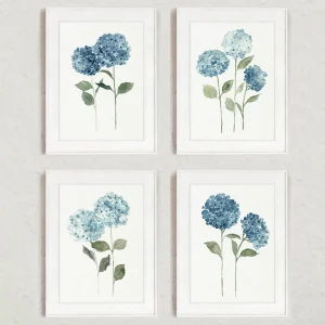 Blue Hydrangea Watercolor Set of 4. Elegant Floral Wall Art for a Cozy Family Home.