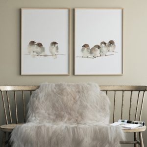 Sparrow Family Watercolor Art Set. Brown Bird Prints Gift Idea.