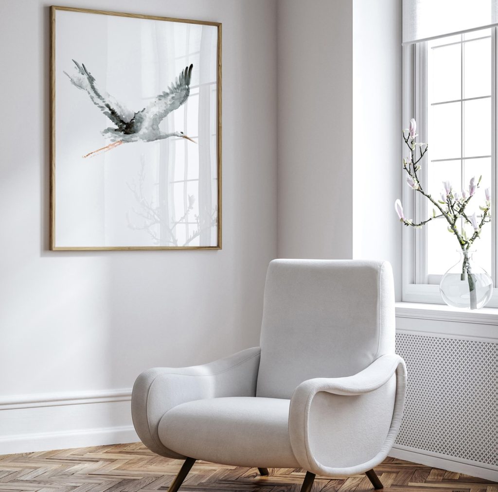 A Watercolor Depicting a Flying Stork as a Gift for Family.