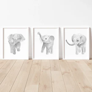 3 Gray Elephants for a Child’s Room Wall Decoration.