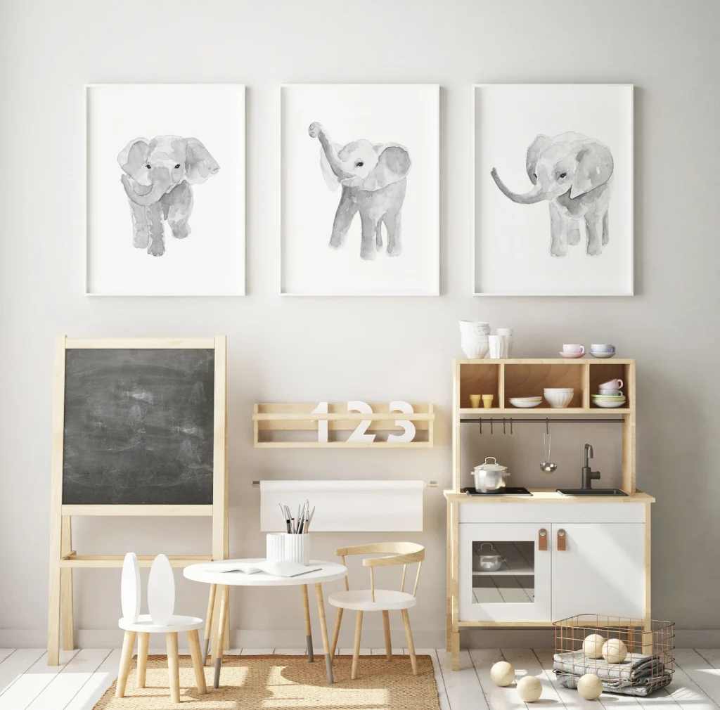 Grey Elephants as Wall Decor for a Nursery. Three Prints for a Baby Girl’s or Boy’s Room.