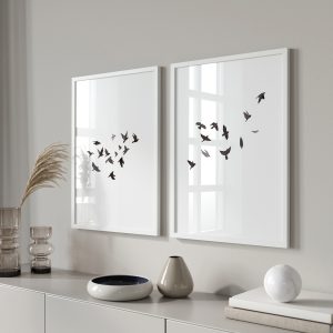 Minimalist Set of Two Black and Gray Flying Birds Watercolor Prints.