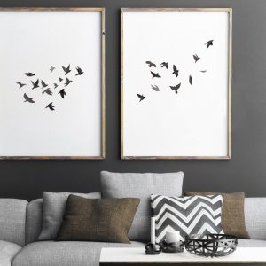 Minimalist Set of Two Black and Gray Flying Birds Watercolor Prints.