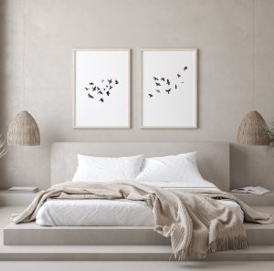 Read more about the article Minimalist Set of Two Black and Gray Flying Birds Watercolor Prints
