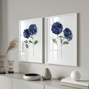Navy Blue Hydrangea. Minimal Floral Wall Art.