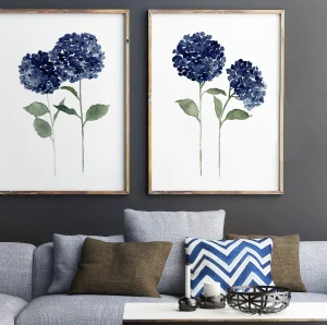 Read more about the article Deep Blue Hydrangea Watercolor set of 2 Minimal Floral Wall Art