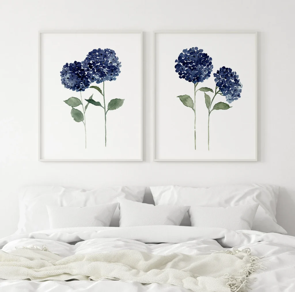 Navy Blue Hydrangea Watercolors set of 2