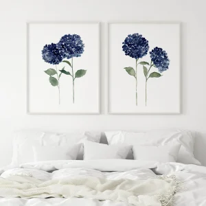 Navy Blue Hydrangea. Minimal Floral Wall Art.