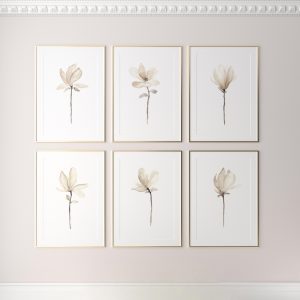 Taupe Magnolia Watercolor Prints. Floral Wall Art Family Gift.
