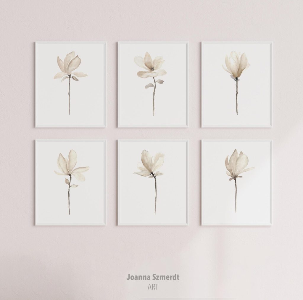 Set of 6 taupe magnolia prints for living room or bedroom