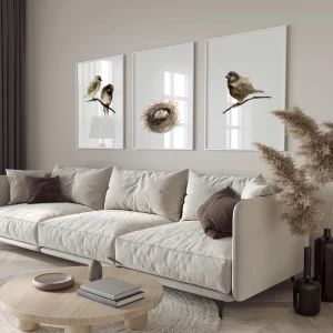 Sparrows Watercolor Art Set. Brown Bird Prints And Nest Gift Idea.