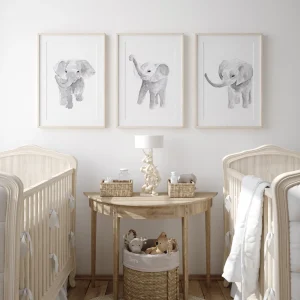 3 Gray Elephants for a Child’s Room Wall Decoration.
