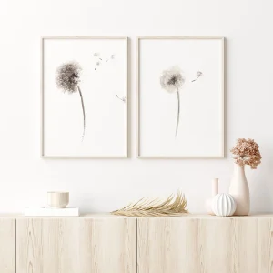Neutral Dandelion Watercolor Prints. Soft Beige Grey Home Wall Art.