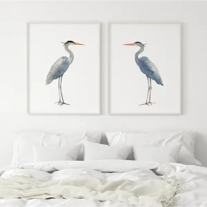 Blue Heron Watercolor Prints for Calm Coastal Wall Art.