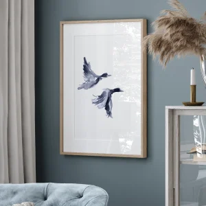 Navy Flying Ducks Watercolor Wall Art Calm Home Decor Family Gift.