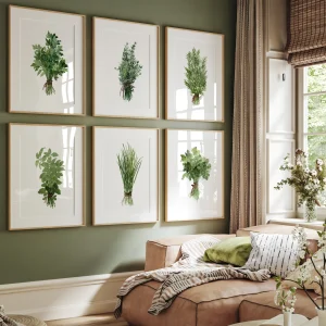 Botanical Herb Watercolor Set of 6 Natural Wall Art Cozy Home Decor Gift.