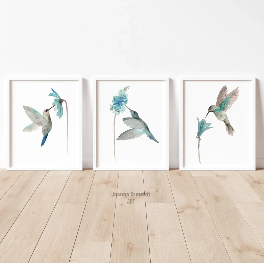 Blue floral hummingbird decor set of 3