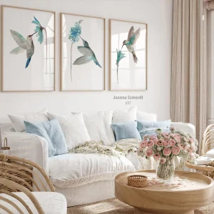 Blue Hummingbird Wall Art Set of 3. Watercolor Bird Prints.