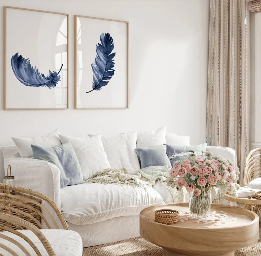 Navy Feather Watercolor Wall Art set of 2
