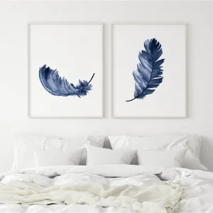 Elegant Navy Blue Feather Wall Art Set of 2 Gift Idea.