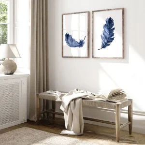 Elegant Navy Blue Feather Wall Art Set of 2 Gift Idea.