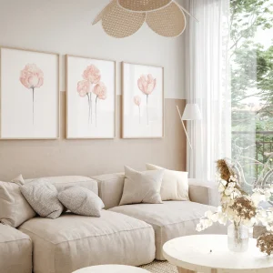 Blush Pink Peony Wall Art Set of 3 Watercolor Floral Prints Gift Decor.