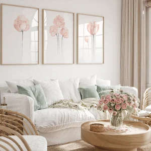 Blush Pink Peony Wall Art Set of 3 Watercolor Floral Prints Gift Decor.