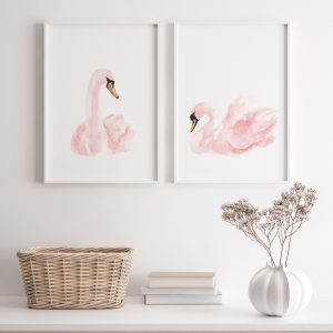 Pink Swans. Romantic Watercolor Wall Art Gift.