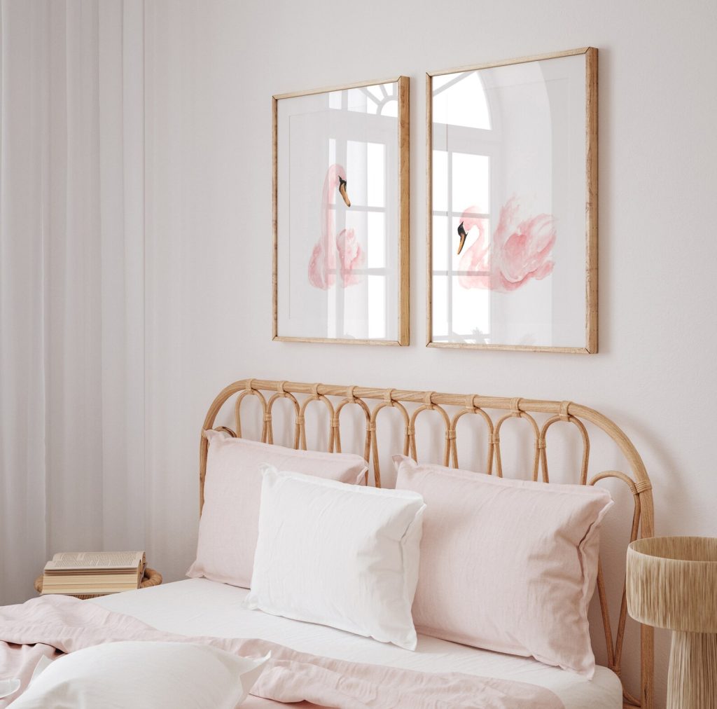 Gift for Family. Pink Swan Watercolor Wall Art Set of 2