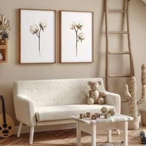Cotton Flower Wall Art Set of 2. Neutral Botanical Prints.