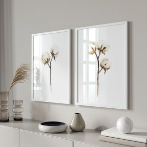 Cotton Flower Wall Art Set of 2. Neutral Botanical Prints.