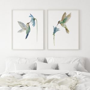 Hummingbird Wall Art Set of 2 Watercolor Bedroom Decor Gift for Family.