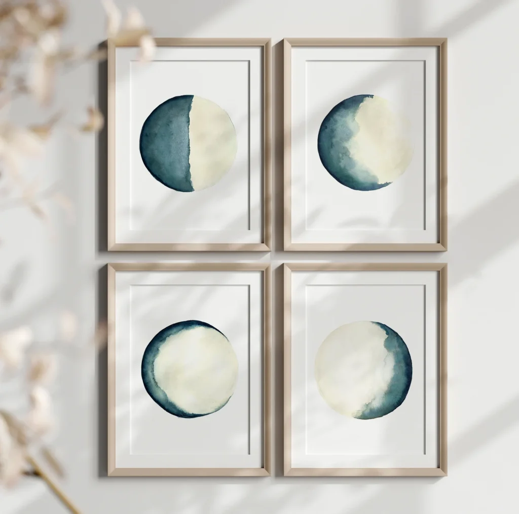 Moon Phase Watercolor Prints Set of 4