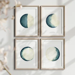 Moon Phases Wall Art Set of 4 Watercolor Prints.