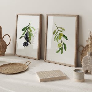 Olive Branch Wall Art Set of 2 Botanical Watercolor Prints.