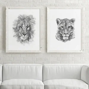 Lion and Lioness Wall Art Set of 2 Watercolor Prints for Bedroom Decor.