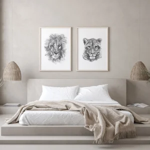 Lion and Lioness Wall Art Set of 2 Watercolor Prints for Bedroom Decor.